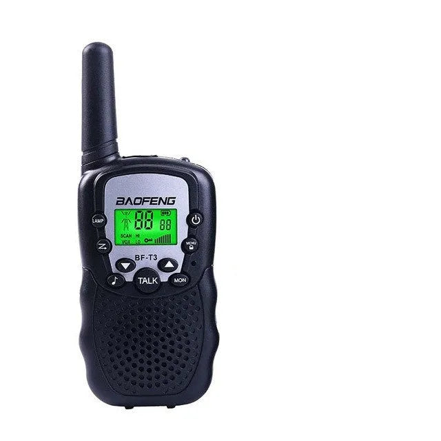 Children's walkie talkie set showing two handheld units in available colour options with 22-channel display