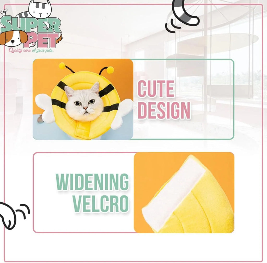 Soft bee-shaped cat cone collar with Velcro closure shown in adjustable sizing
