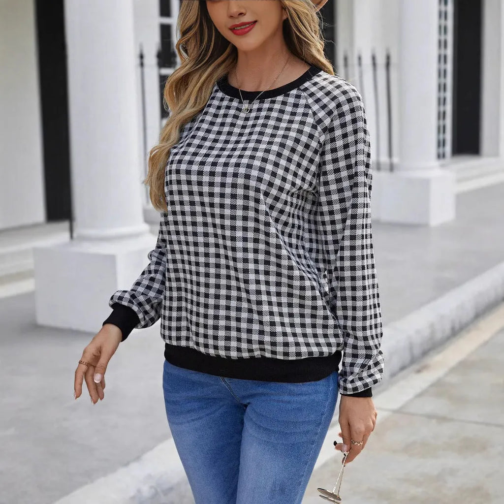 Black Japanese plaid pattern long sleeve polyester sweater showing front view with regular sleeves