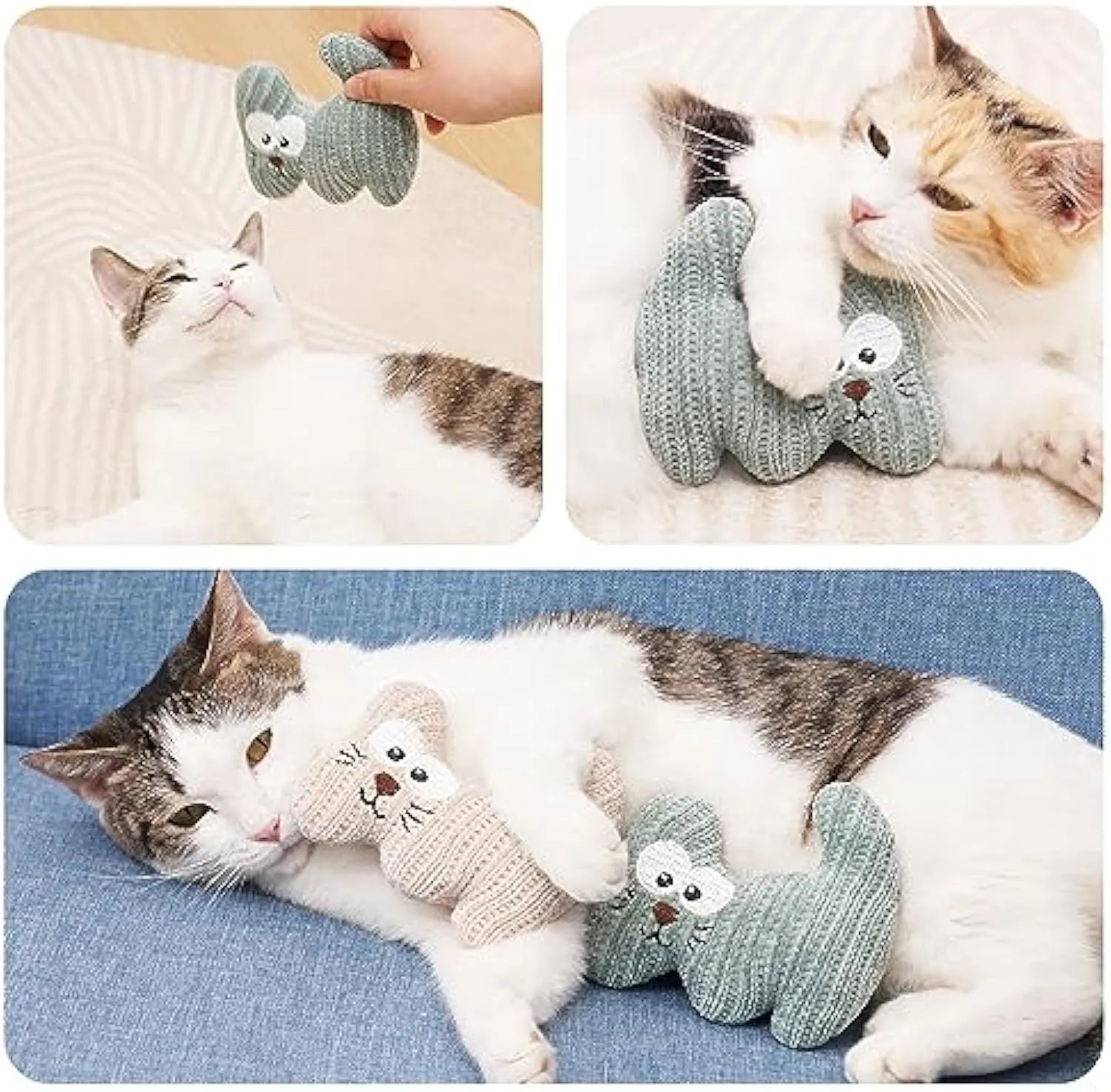 Cyan and light coffee plush rope cat toy with bell and catnip filling.
