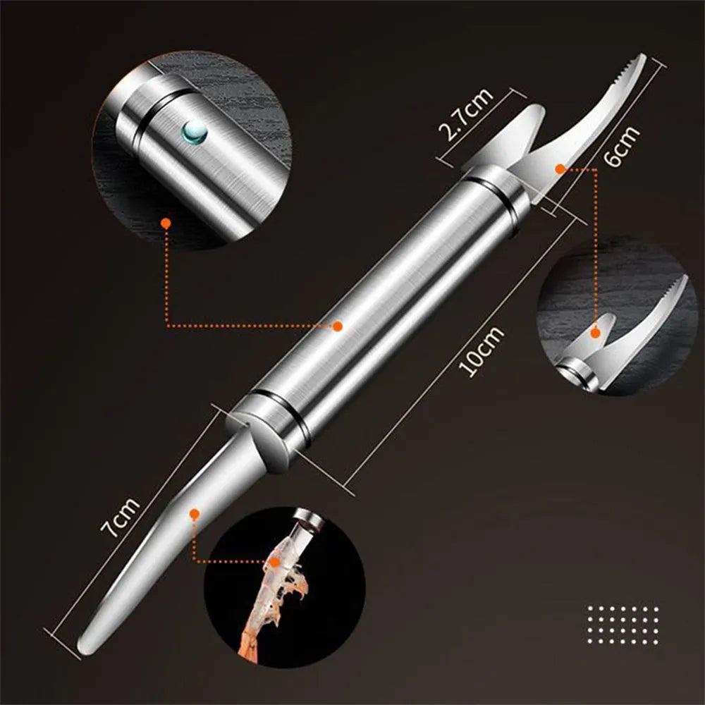Multifunctional stainless steel shrimp remover with eagle-beak design and double row of blades on a clean surface