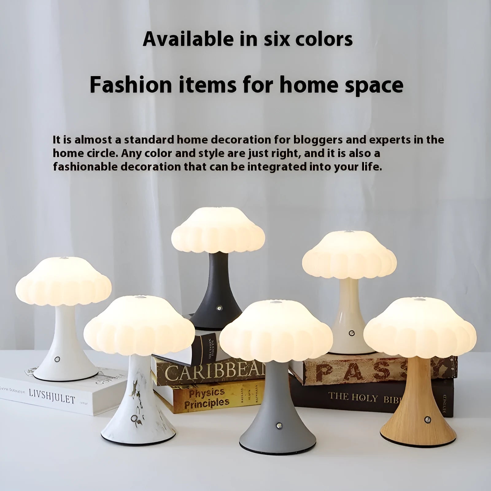 Mushroom-shaped night light with touch controls and USB port in wood grain finish
