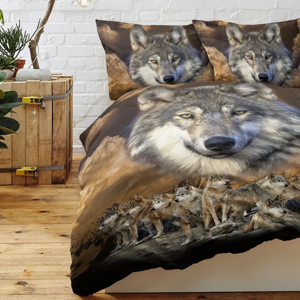 Brown 3D printed wolf pack duvet set with two pillow shams on a bed