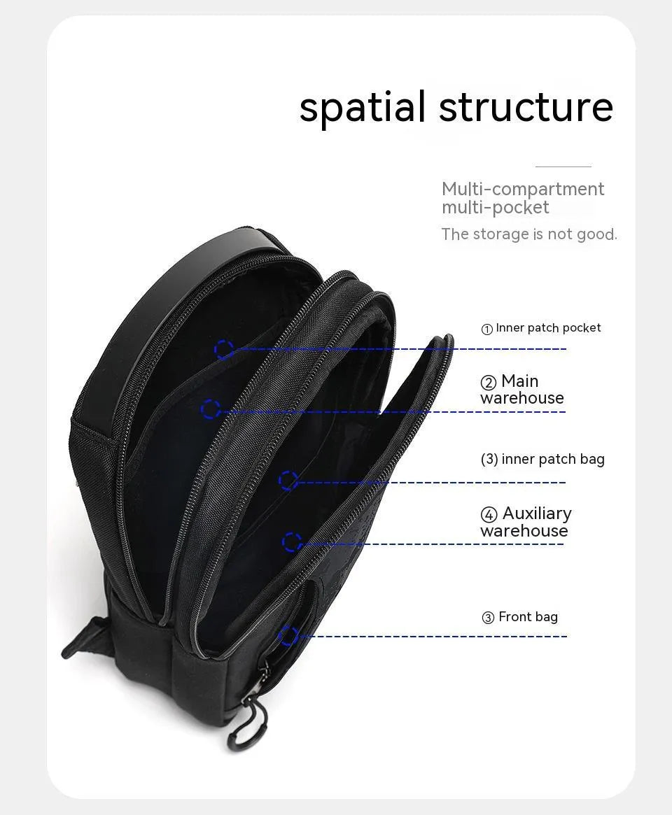 Casual black TPU chest pack with a single shoulder strap, shown in a square vertical shape with a landscape pattern.