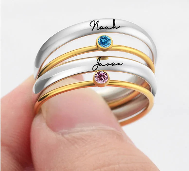 Geometric titanium steel ring with engraved December birthstone design on a finger.