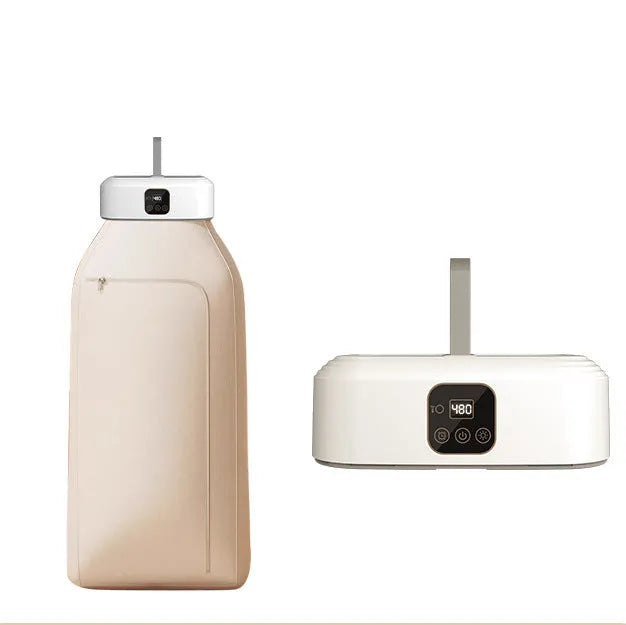 White cylindrical compact laundry dryer with remote control for dormitory use
