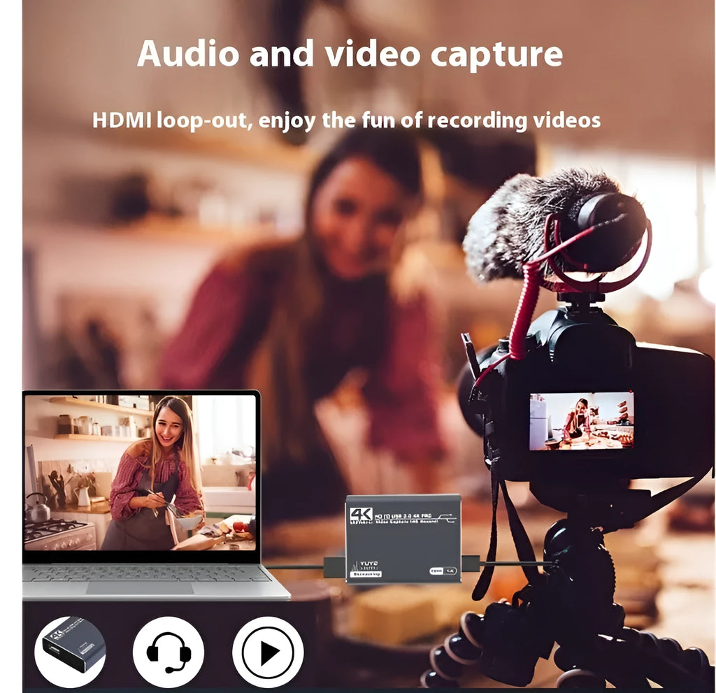 Black 4K gaming set-top box with MS2131 chip for 1080p streaming and audio recording