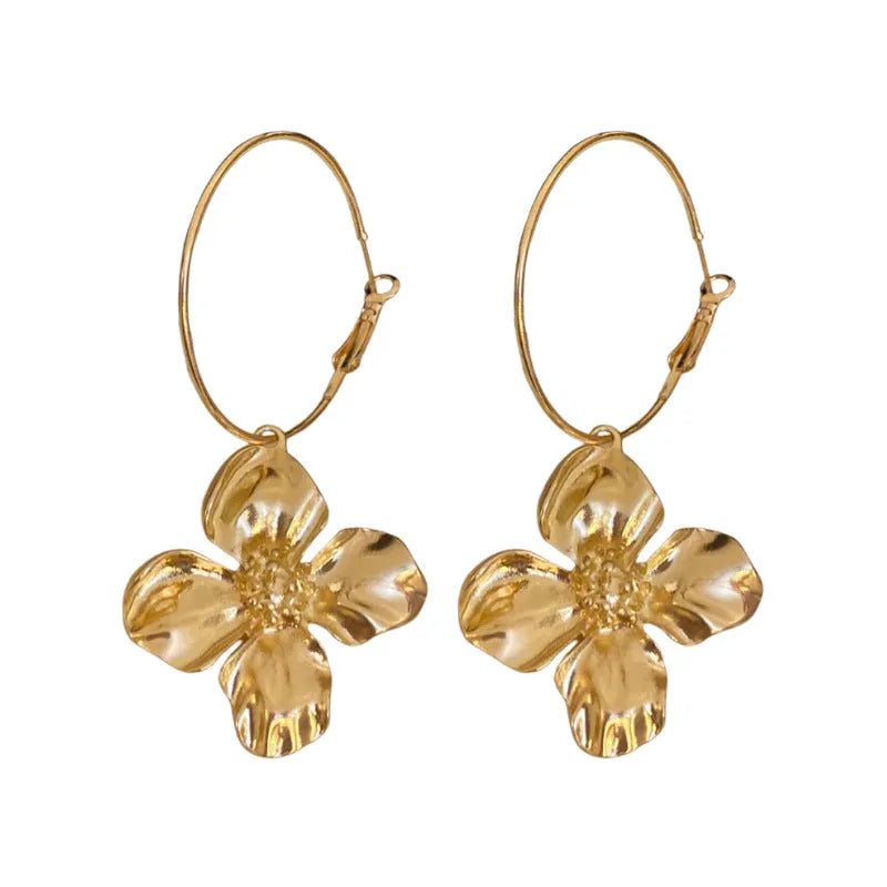 Silver needle metal flower earrings with geometric design in gold and silver electroplated finish