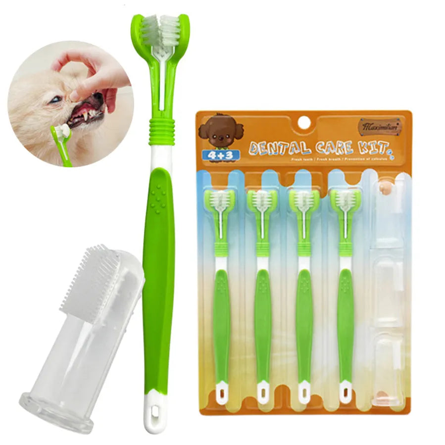 Green pet silicone finger toothbrush set with three-head dog toothbrush and PP handles on a light background