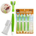 Green pet silicone finger toothbrush set with three-head dog toothbrush and PP handles on a light background