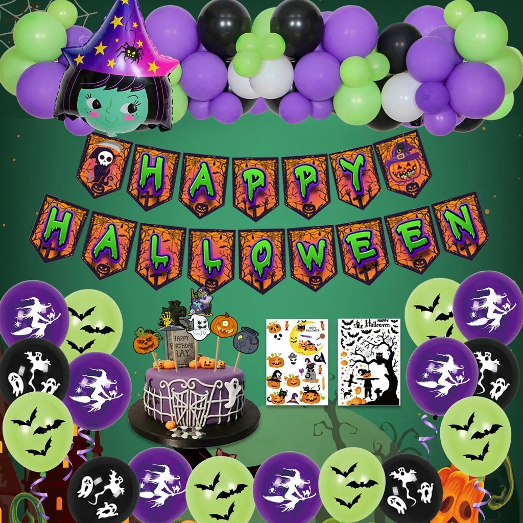 Halloween balloon combo with spider arch, skull and pumpkin designs in black and white colours