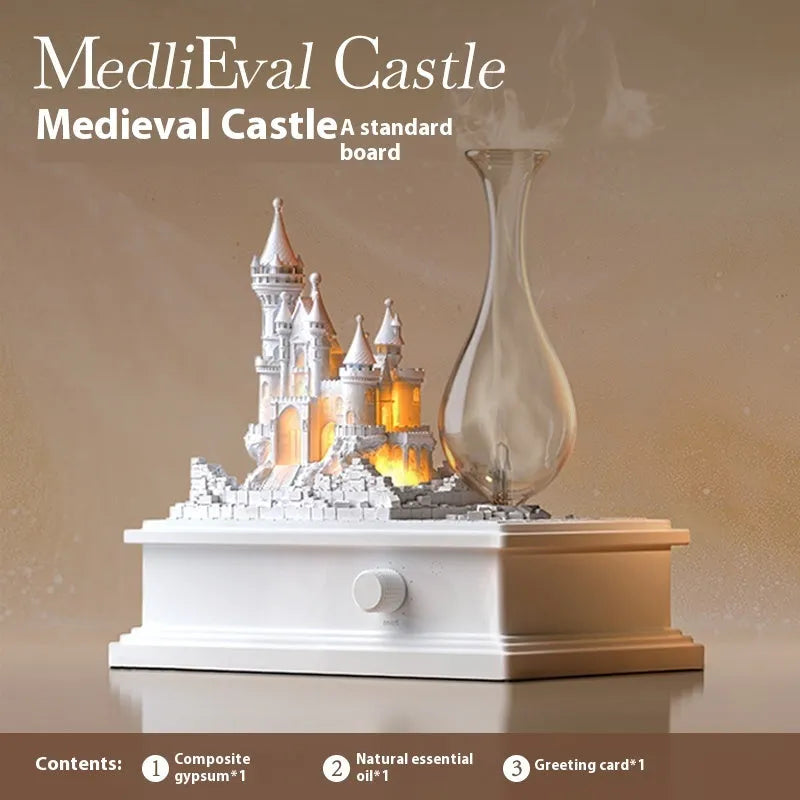 White composite gypsum medieval castle waterless aromatherapy machine with ambient light on a table