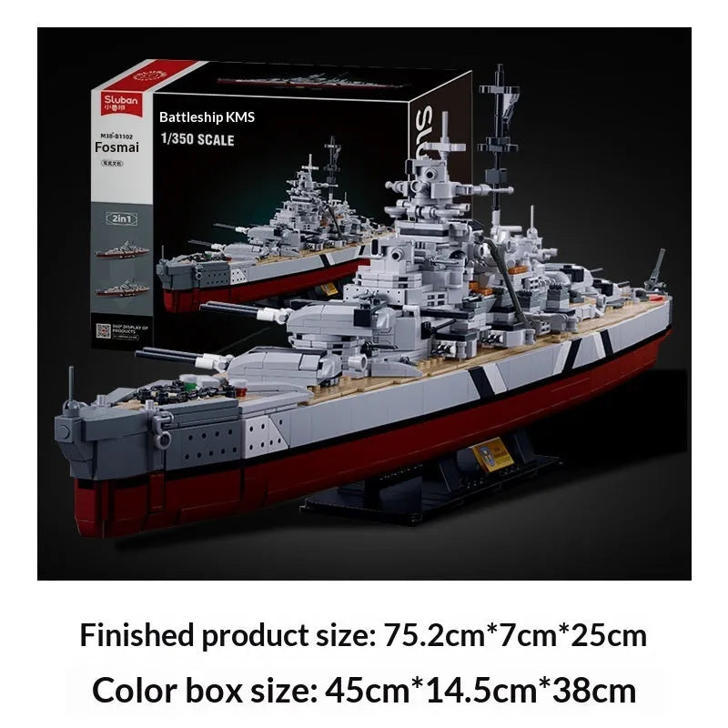 Battleship Bismarck and aircraft carrier building blocks set in Xiaoluban 1102 colour, compatible with Lego, for ages 7-14