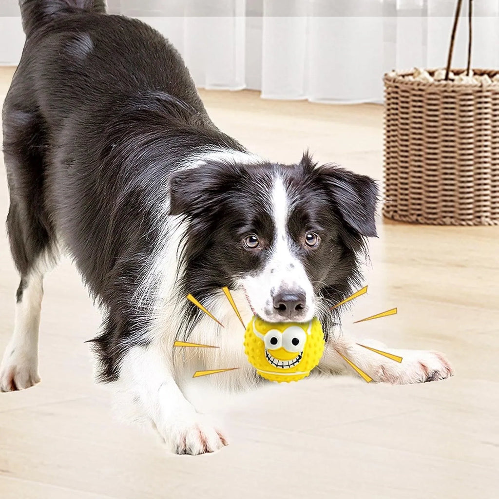 Smile face dog latex ball in green, orange, and yellow – squeaky bouncy toy for small dogs and cats