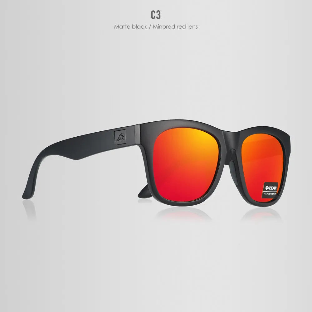 Polarised sunglasses with TAC lenses and PC frame for UV protection during outdoor activities.
