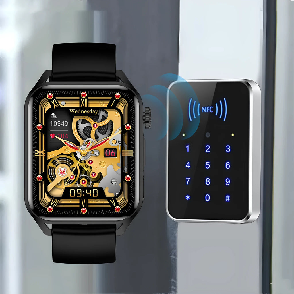 Black HD AMOLED smart watch with NFC on a silicone wrist strap, showing a multi-dial screen.