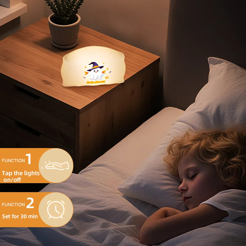 Cartoon Halloween doll table lamp in magic ghost colour, showing USB-C port and warm light glow.
