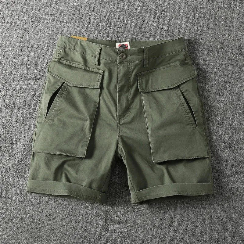 Men's cotton cargo shorts with stretch fabric in khaki colour, showing multiple pockets and straight-leg cut.