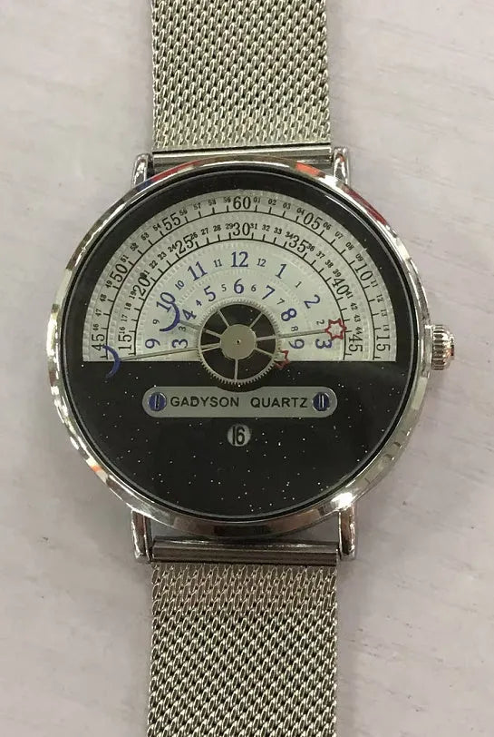 Men's silver sports watch with 40mm dial and stainless steel strap showing quartz movement display
