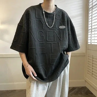 Men's grey T-shirt with three-dimensional white letter print, loose fit short sleeves
