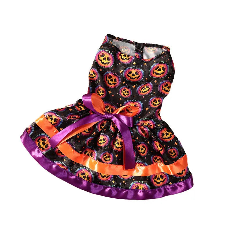 Halloween dog skirt with colourful pumpkin print and adjustable tie waist