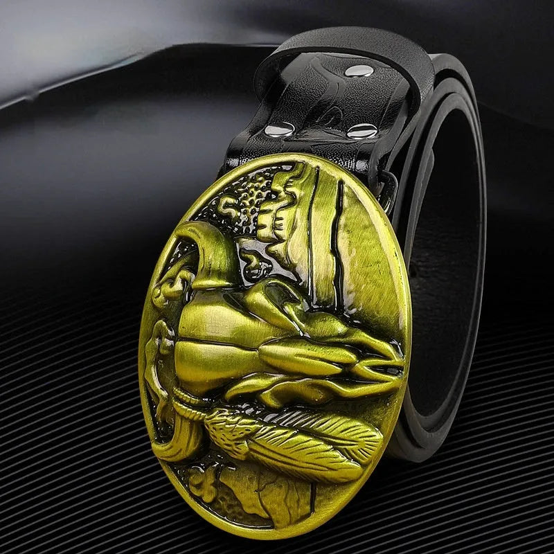 Men's brown imitation leather belt with a detailed metal cow head buckle and pin clasp.
