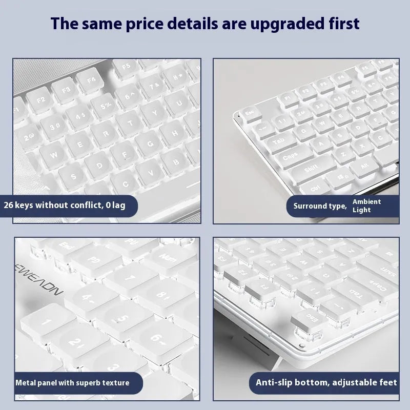 Mute mechanical keyboard with LED lighting and matching wired mouse in silver white blue colour combination
