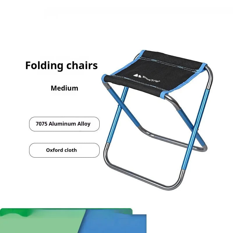 Black aluminium alloy folding camp stool shown in open and folded positions for portable outdoor seating.