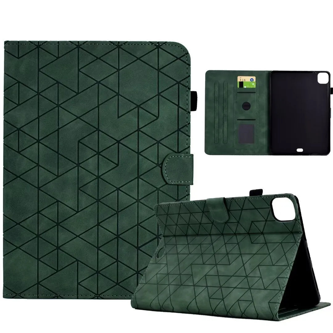 iPad Pro 11 leather case with card holder in diamond embossed green pattern, showing stand function.