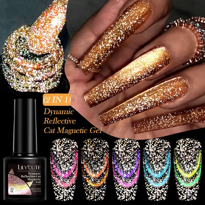 Diamond In The Debris Cat Eye Series UV Nail Polish Gel bottles in six colour styles with glitter.