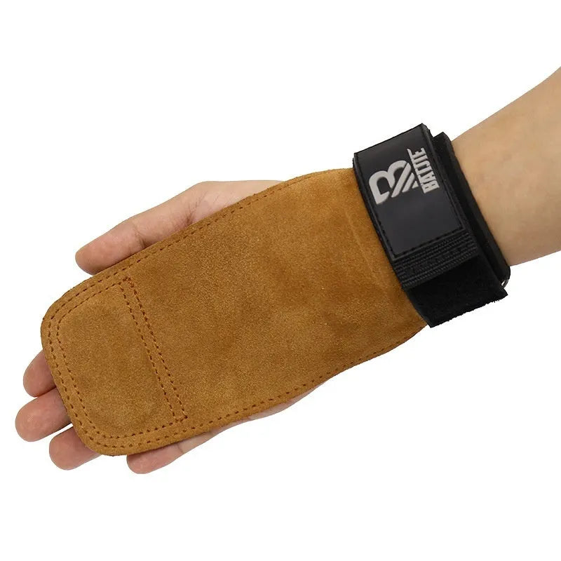 Brown fitness wrist protector and grip strength bands for pull-up and weightlifting training.