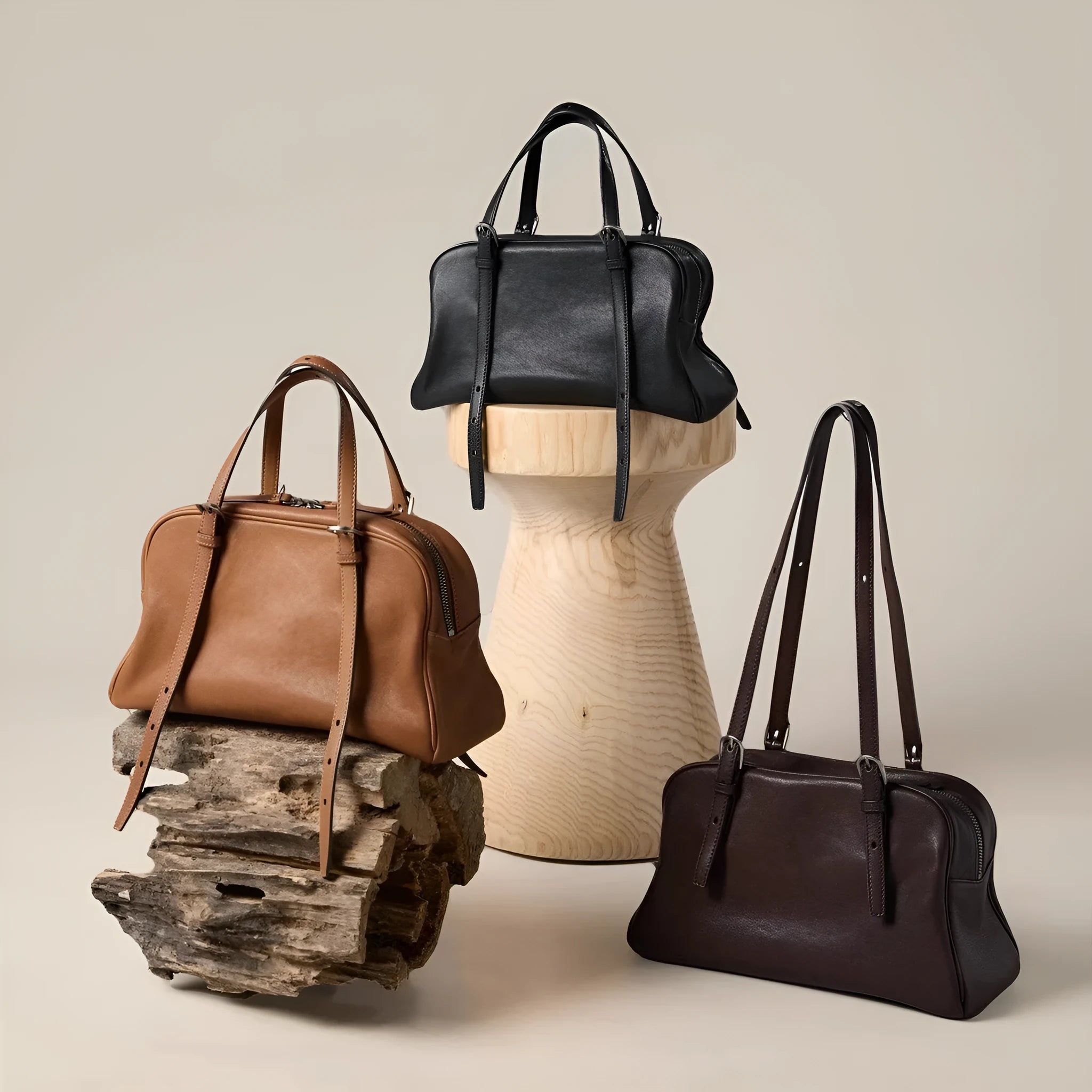 Women's genuine leather retro shoulder bag in horizontal square shape with double straps.