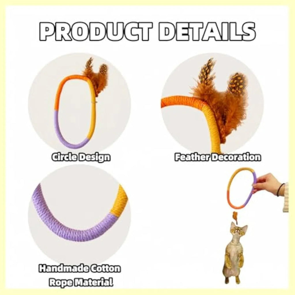 Green circular cotton rope cat toy with white feathers and catnip for chewing and play