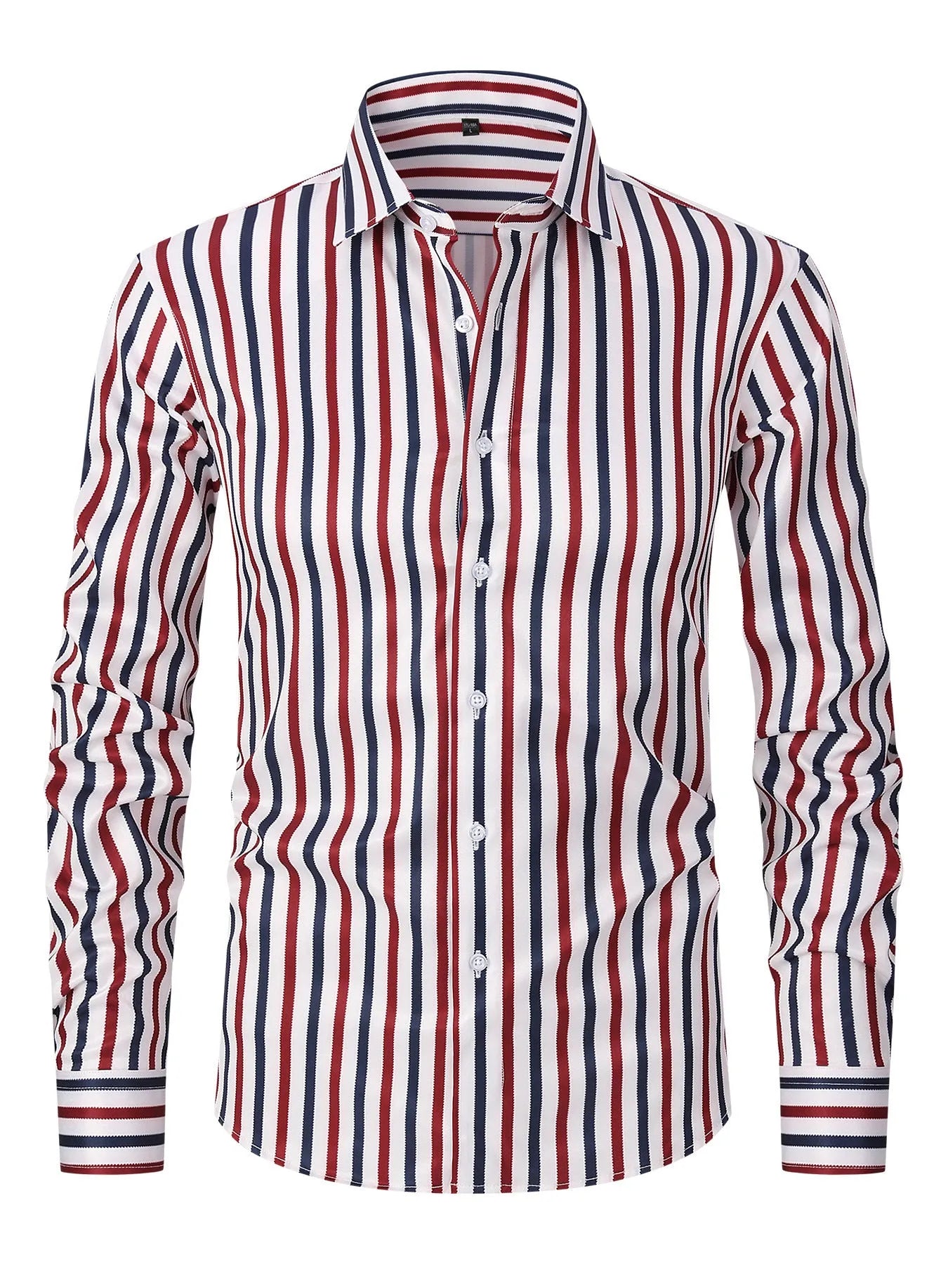 Men's slim fit striped long sleeve business shirt in ice silk polyester blend fabric