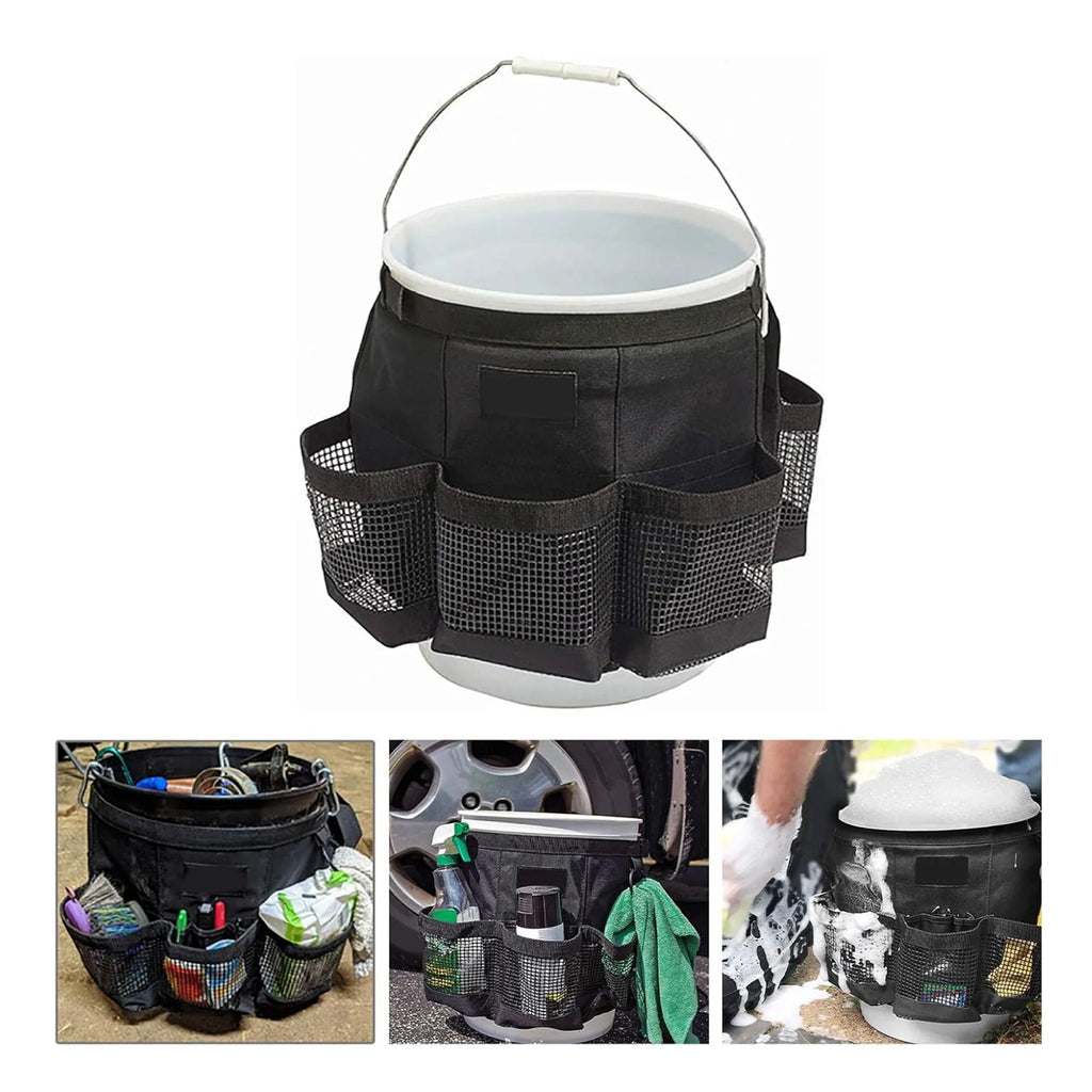 Black cylindrical polyester storage bag hanging on the side of a 5 gallon bucket.