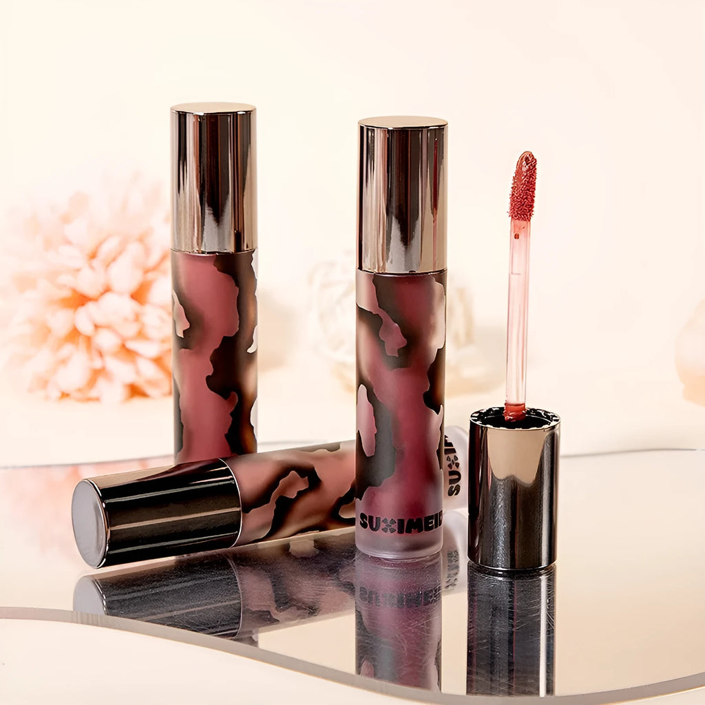 Lava Secret Matte Lip Mud Lipstick in five colour shades showing no-stain matte formula.