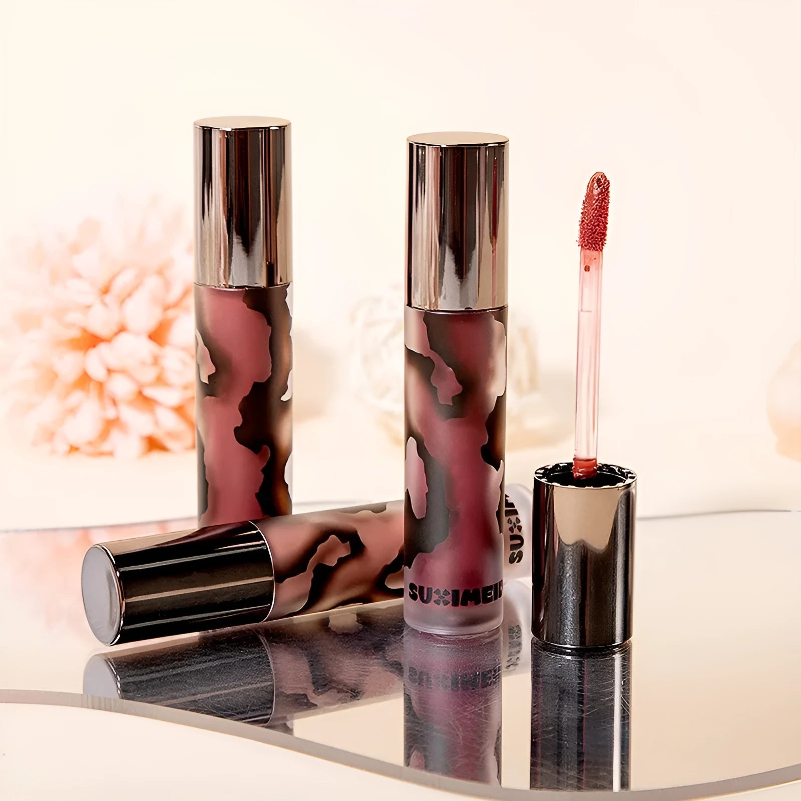 Lava Secret Matte Lip Mud Lipstick in five colour shades showing no-stain matte formula.