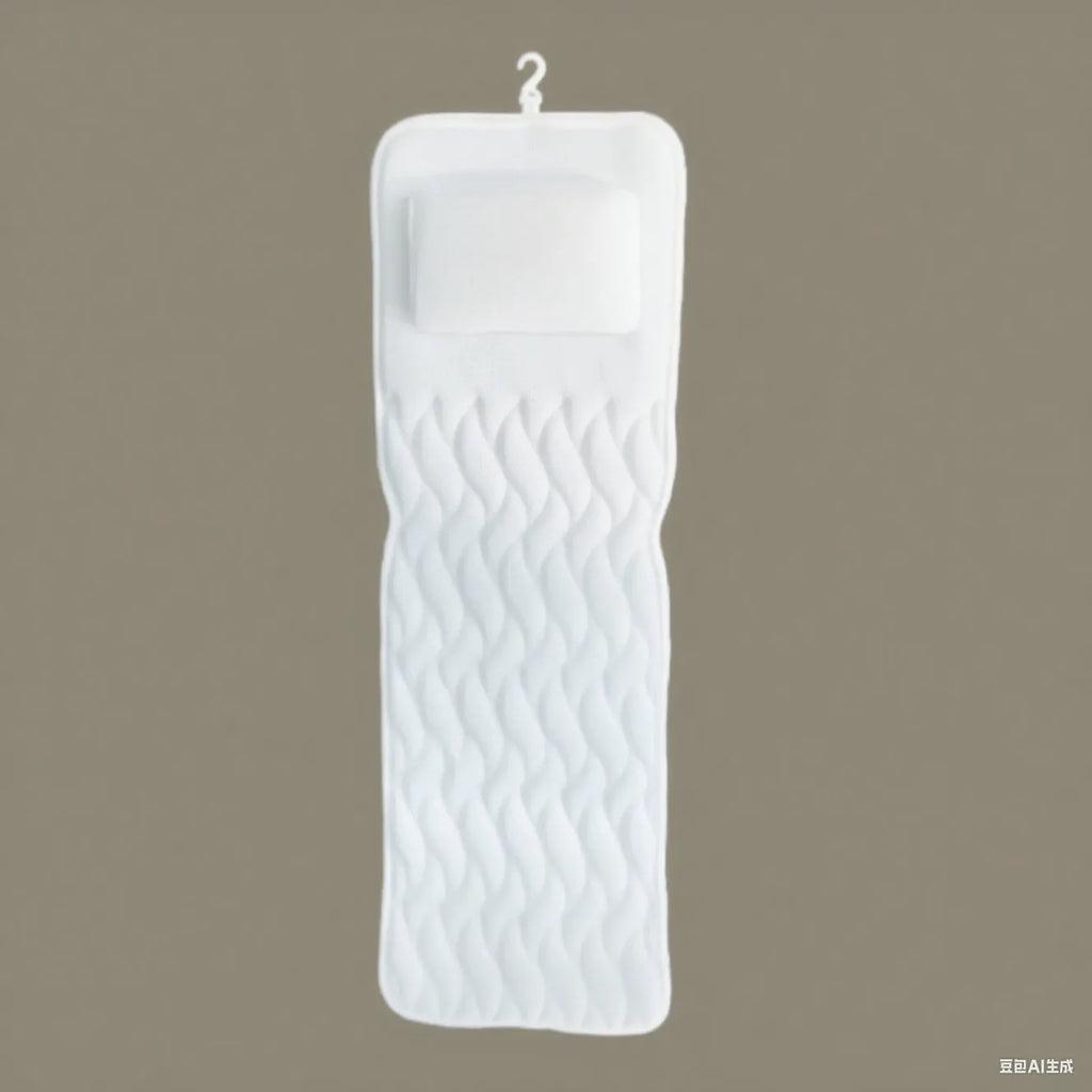 White bathtub pillow with 4D mesh fabric and seven large suction cups on a flat surface.