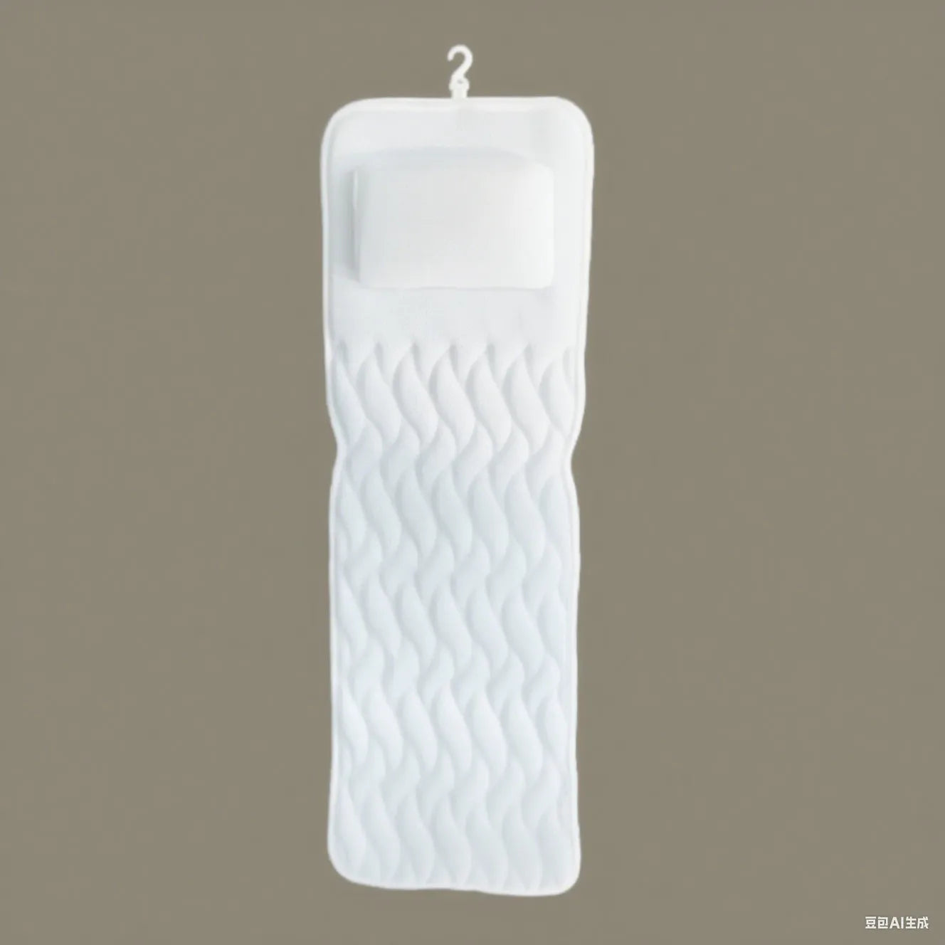 White bathtub pillow with 4D mesh fabric and seven large suction cups on a flat surface.