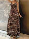 Dark brown leopard print sleeveless dress with round neck and hip skirt design