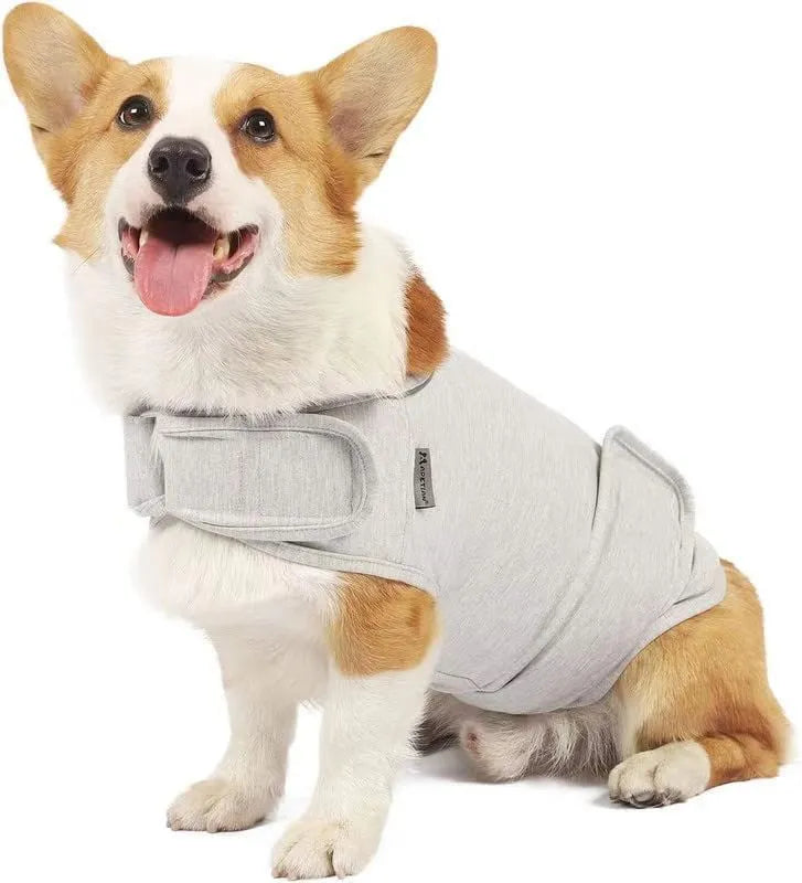Brown dog anxiety tank top made from Ponte-de-Roma fabric for separation anxiety relief