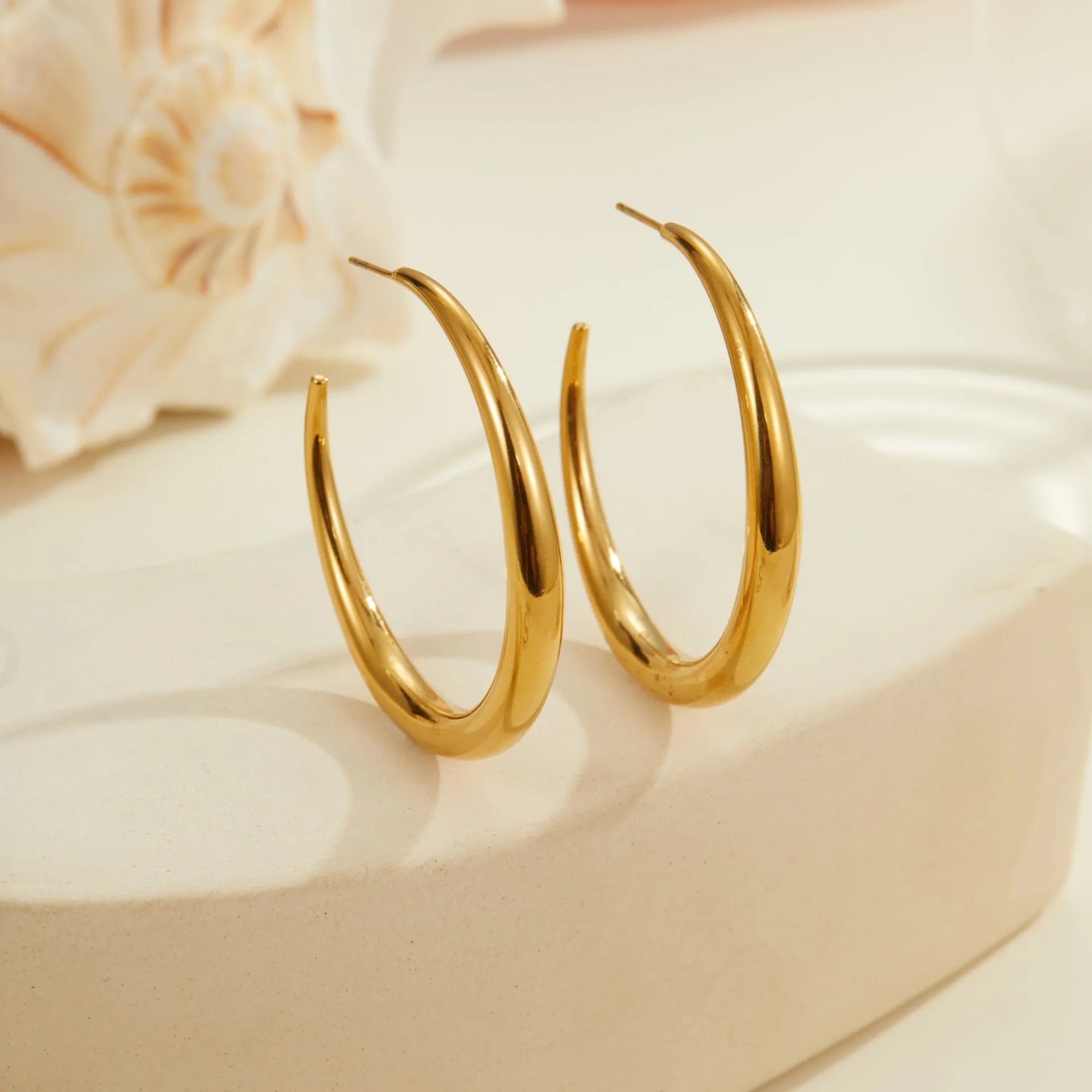 A pair of simple round titanium stainless steel hoop earrings shown in both gold and steel finishes.