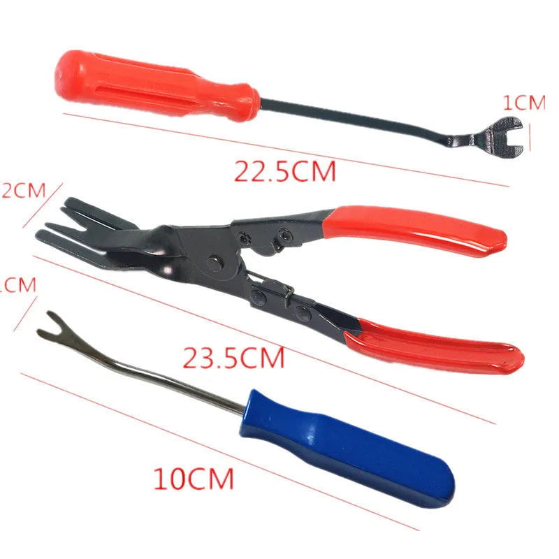 Red steel automotive clip driver horn tool for General Motors door panel removal