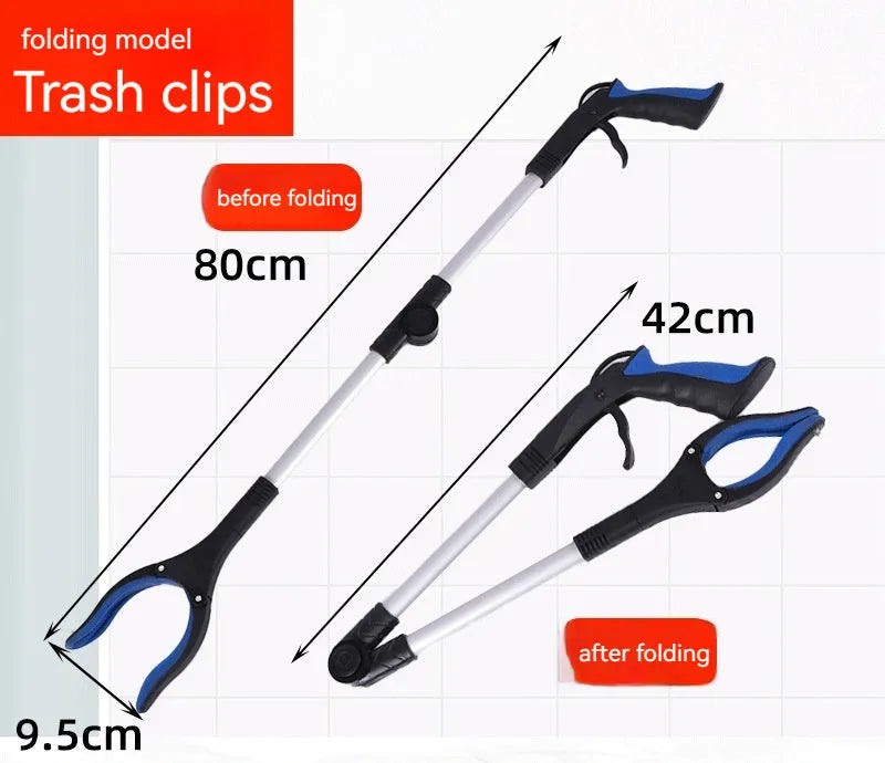 Silver folding aluminium garbage pick-up clamp with magnet and blue handle extended to 80cm.