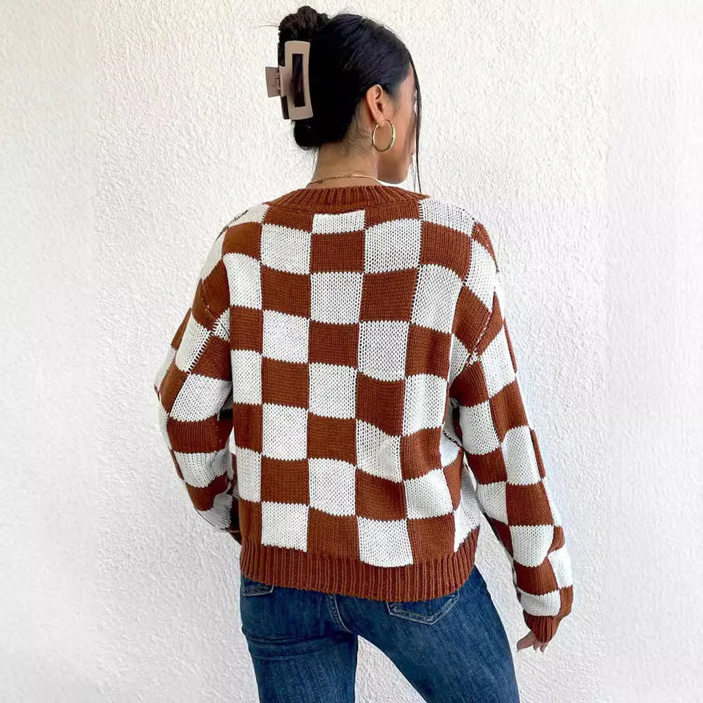 Dark brown plaid pattern acrylic pullover sweater with long sleeves and a round neck