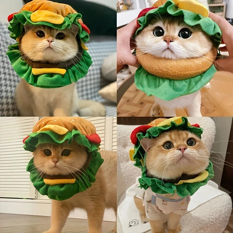 Cat wearing a soft plush burger headdress collar with an adjustable elastic strap