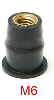 Brass motorcycle windshield nuts with black rubber expansion sleeves in three metric sizes