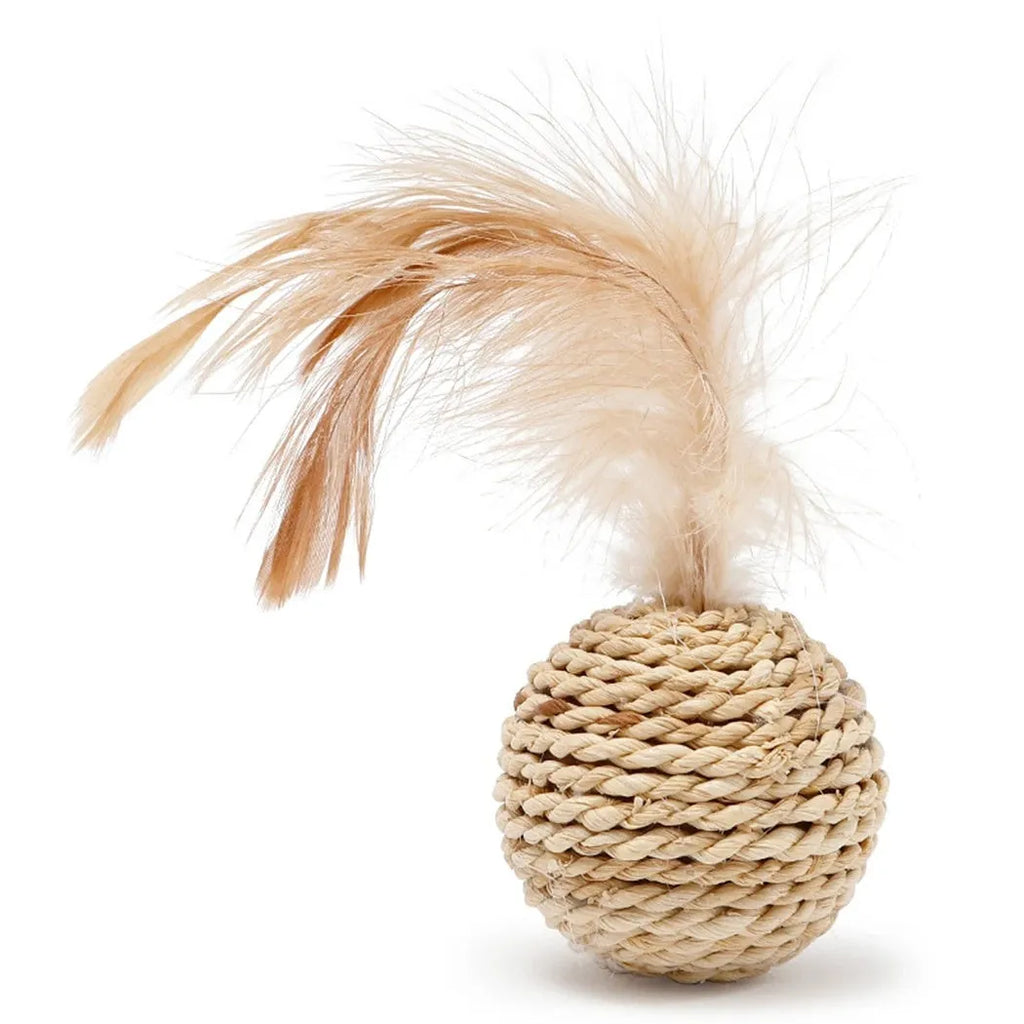 Cat toy set with rattan ball and faux feather ball in primary colours for feline play