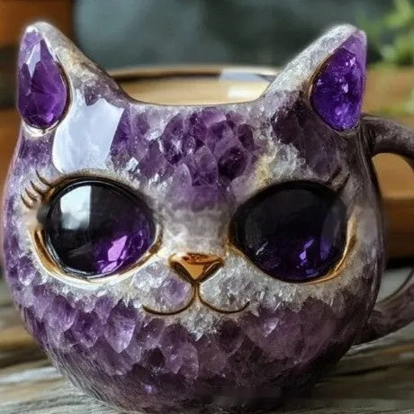 Purple geode mug with crystal cat design made from synthetic resin crafts material