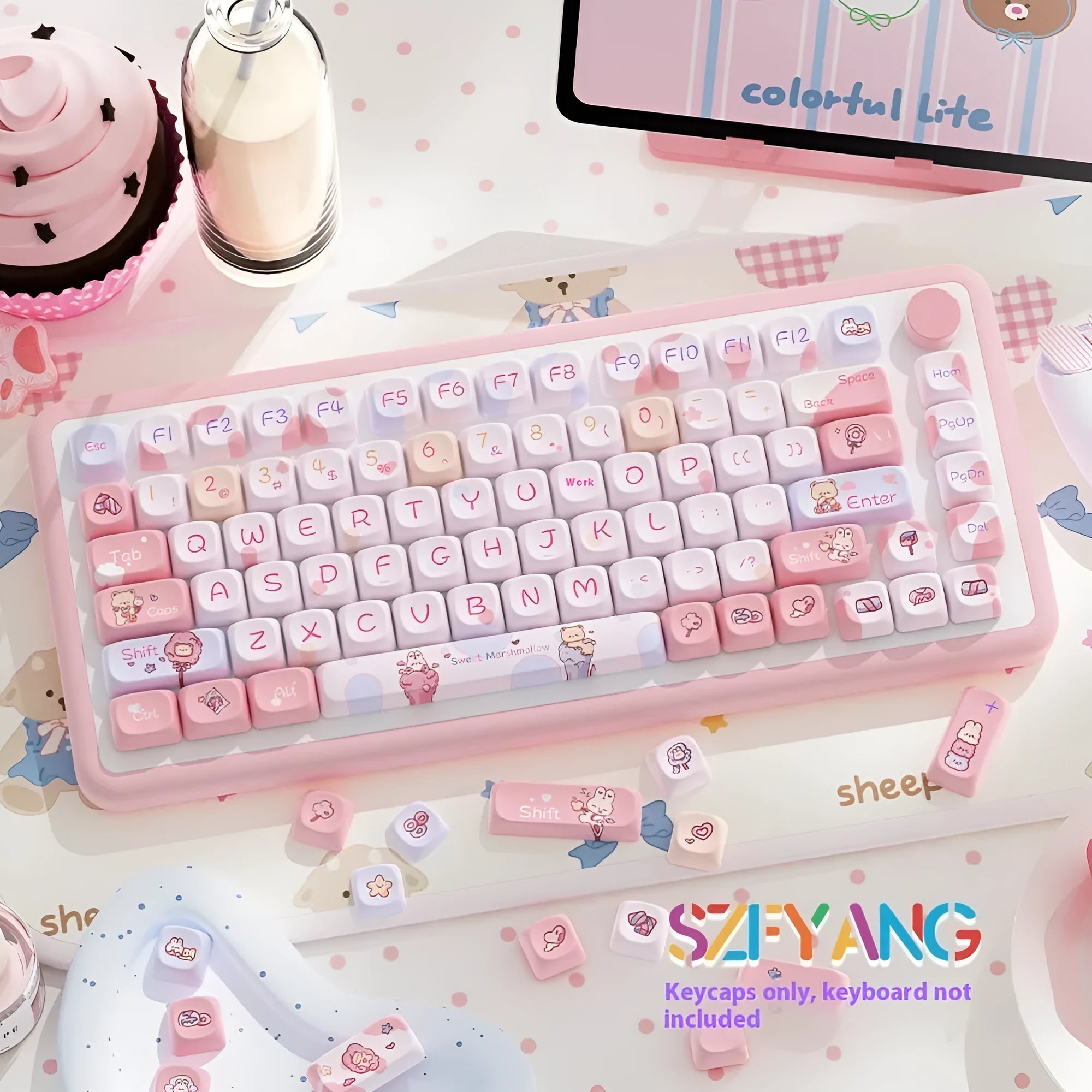 Sweet cotton candy coloured mechanical keyboard keycaps arranged in complete 112-key and 120-key sets